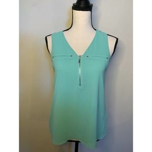 Norah Mint Green Sleeveless Vneck Zip Front Faux Pockets Semi Sheer Blouse S